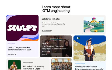 Clay blog & resources section: centered headline above a bento grid of conference, livestream, community story and careers cards