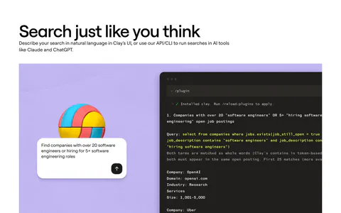 Clay features section: left-aligned heading above a lavender panel with a 3D ball, a search prompt card and a dark terminal showing a query