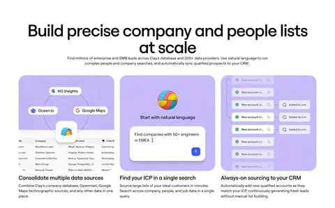 Clay features section: centered heading above three lavender cards with data source, natural-language search and CRM sync UI mockups