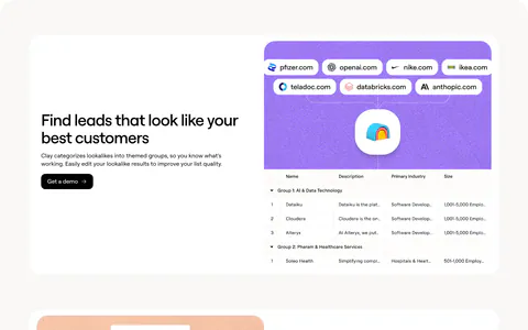 Clay features section: three alternating rows pairing headlines with purple and peach panels showing lookalike, scoring and workflow UI