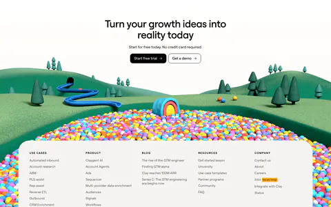 Clay footer section: centered closing CTA over a 3D clay landscape and ball pit, with a light card of link columns and wordmark