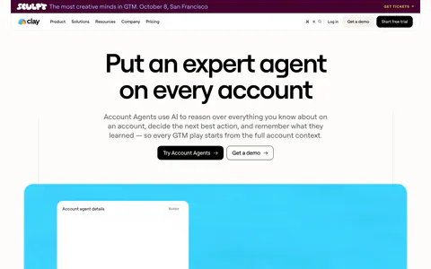 Clay hero section: centered bold headline with two CTA buttons above a bright cyan panel holding an account agent details window