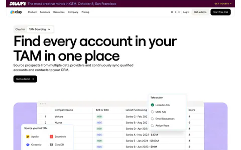 Clay hero section: left-aligned headline with use-case dropdown and demo button above a company table UI with data source picker on lavender
