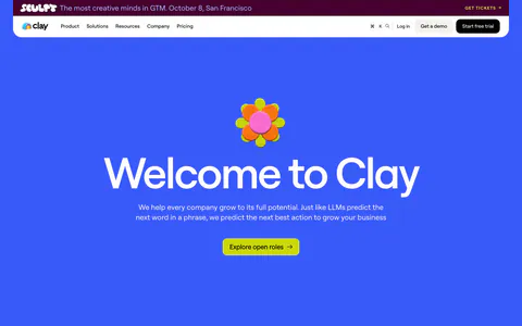 Clay hero section: centered oversized headline under a 3D clay flower with lime careers button on a solid bright blue background