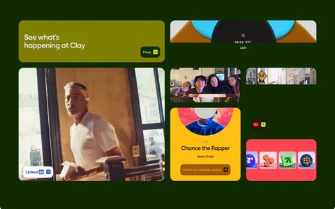 Clay other section: bento grid of photo, playlist and social link tiles on a very dark green background