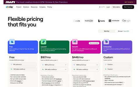 Clay pricing section: headline and logo row above a monthly/annual toggle, four plan cards with colored headers and a usage-based pricing band