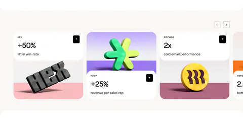 Clay stats section: slider of customer result cards with large percentages above 3D rendered brand logos on colored stages