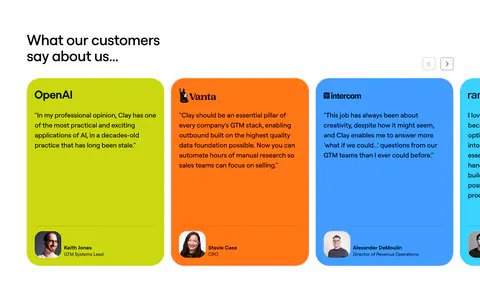 Clay testimonials section: left heading with arrow controls above a slider of lime, orange and blue quote cards with logos and headshots