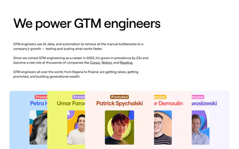 Clay testimonials section: left-aligned heading and copy above a fanned stack of colored cards with portrait photos and promotion quotes