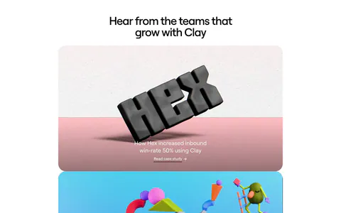 Clay testimonials section: centered headline above three stacked case-study cards with 3D clay renders, one with a play button