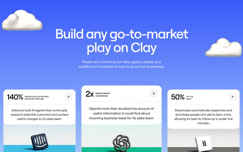 Clay testimonials section: centered heading on a blue gradient with 3D clouds above three case study cards with metrics and 3D brand logos