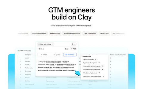 Clay use cases section: centered headline above use-case tab pills and a lead-finding table product screenshot on a cyan panel