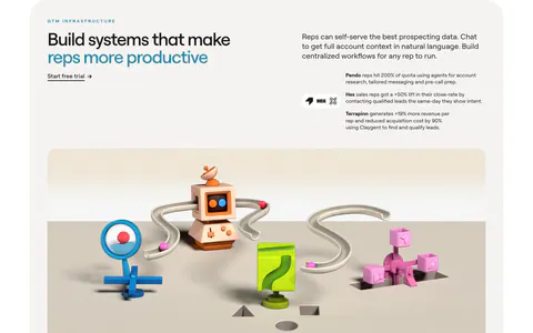 Clay value proposition section: headline and customer outcomes above a wide 3D render of connected clay GTM objects in a rounded card