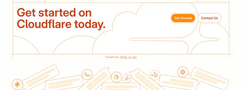 Cloudflare Agents footer section: orange headline and buttons over line-drawn clouds, a terms link and chat bubble illustrations