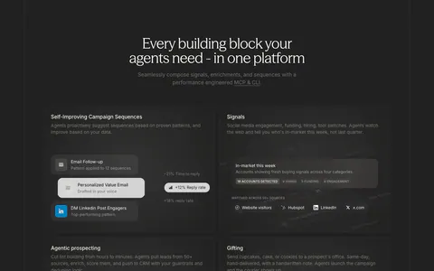 Cluster features section: centered serif headline above a 2x2 grid of dark cards with sequence, signal, prospect table and gifting UI