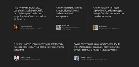 Cluster testimonials section: grid of five serif customer quotes with small avatar photos and titles on a charcoal background