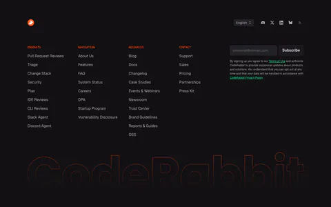 CodeRabbit footer section: dark link columns with orange labels, email subscribe field and a huge outlined CodeRabbit wordmark