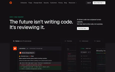 CodeRabbit hero section: dark page with left headline, copy and CTA at right, and a tabbed product panel showing a PR review comment