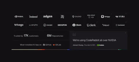 CodeRabbit logo cloud section: dark bordered grid of customer logos above stat tiles for customers and repositories and an NVIDIA quote