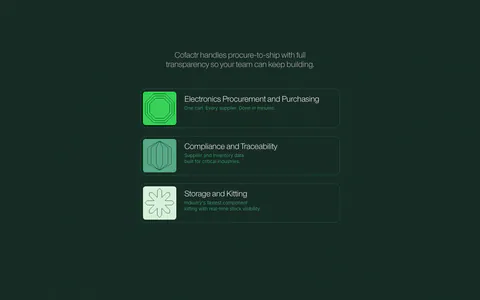 Cofactr features section: dark green centered statement above three stacked product rows with green geometric icons and short descriptions