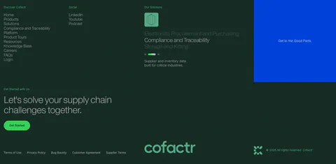 Cofactr footer section: dark green link columns, solutions slider, blue promo block, Get Started CTA and a green cofactr wordmark
