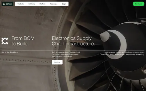 Cofactr hero section: nav and two headlines over a full-bleed dark photo of a jet engine fan, with supporting copy and a Start Free button