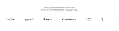 Cofactr logo cloud section: centered two-line statement above a single row of gray customer logos like Snap Inc. and Neros on white