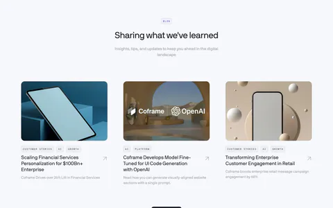 Coframe blog & resources section: centered heading above three article cards with rendered device thumbnails and tags