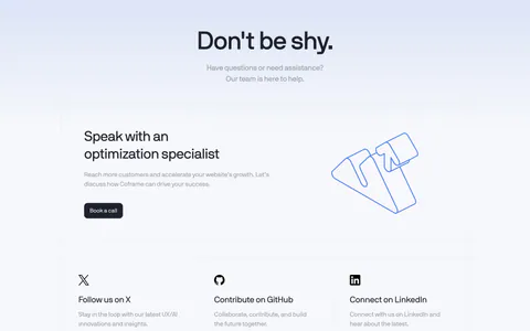 Coframe contact section: centered headline, book-a-call card with outline logo artwork and three social link cards on a grid background