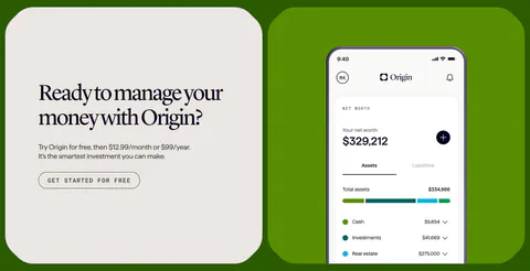 Coframe call-to-action section: serif headline card beside a phone app screenshot on a bright green background, branded as Origin
