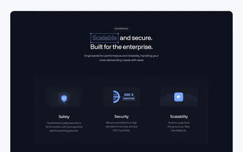 Coframe features section: centered headline above three enterprise columns for safety, SOC 2 security and scalability on a dark navy panel