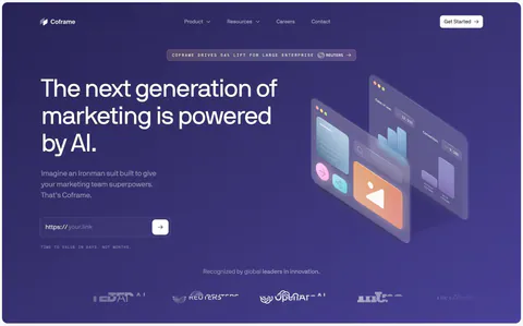 Coframe hero section: left headline with URL input field beside isometric glass UI panels on purple, logo row below