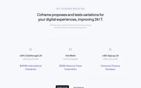 Coframe value proposition section: centered headline above three result columns with lift metrics on a light grid background