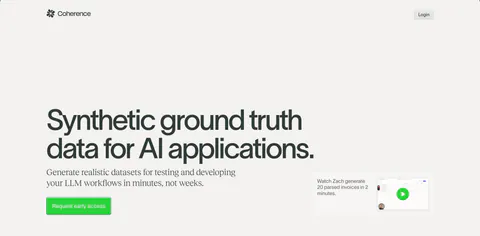 Coherence hero section: oversized left-aligned headline with green CTA and a small video demo card on a warm light gray background