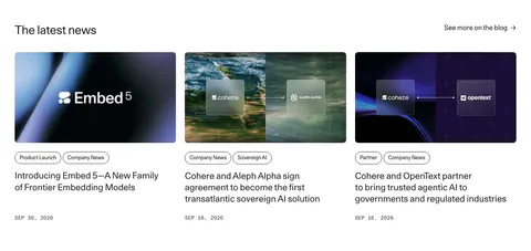 Cohere blog & resources section: headline with blog link above three news cards with images, pill tags and dates