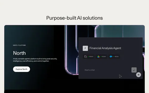 Cohere features section: centered headline above three stacked cards with text left and agent UI, particle cube and vault UI right