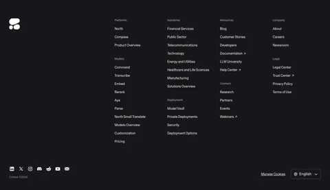 Cohere footer section: dark background with logo, multi-group link columns, social icons and language selector