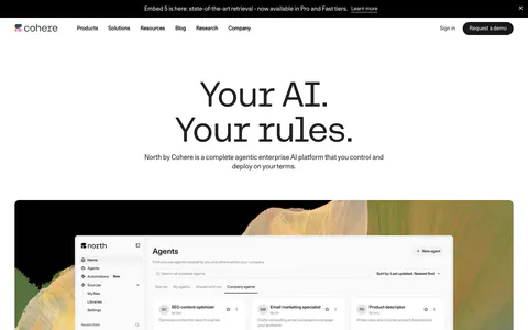 Cohere hero section: centered headline and subcopy above an agents dashboard screenshot on an abstract painted backdrop