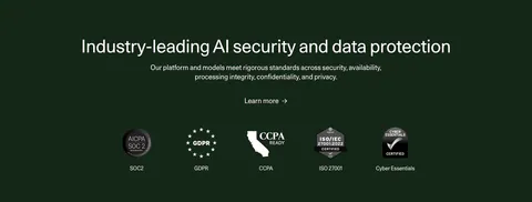 Cohere security section: centered headline and learn more link above a row of compliance badges on a dark green background
