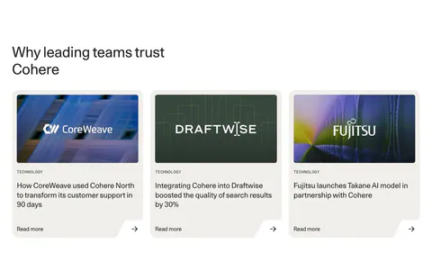 Cohere testimonials section: left-aligned headline above three customer story cards with logo images and read more links