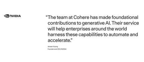Cohere testimonials section: NVIDIA logo left of a large quote with attribution on a white background