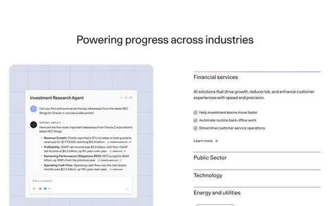 Cohere use cases section: agent chat screenshot on a lavender grid panel left and an industry accordion right