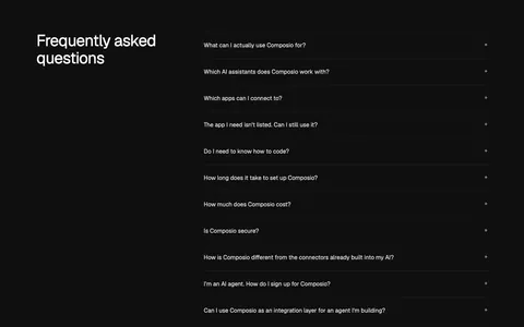 Composio FAQ section: heading at left beside an accordion list of eleven questions with plus icons on near-black