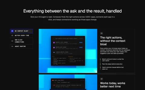 Composio features section: numbered side nav beside four rows of dark UI and code panels on colorful pixel art, each with text