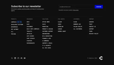 Composio footer section: newsletter heading with email field and blue subscribe button above six monospace link columns on black