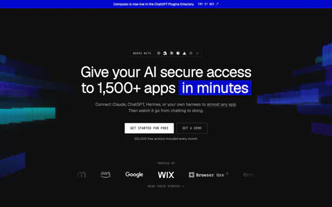 Composio hero section: centered headline with blue highlight, two CTAs and a trusted-by logo row on black with glitchy color bars