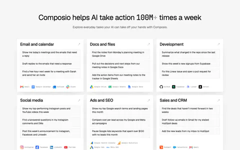 Composio use cases section: centered headline above six white cards of example prompts by category with app names, plus two CTAs