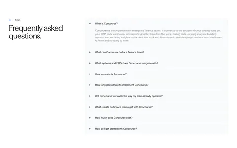 Concourse FAQ section: heading left, accordion of questions right with the first item expanded on white