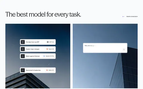 Concourse features section: headline above two building photos overlaid with model-routing and chat UI cards, four feature notes below
