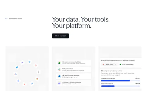 Concourse features section: headline and button above three cards showing an integration icon ring, notification list and AI answer UI